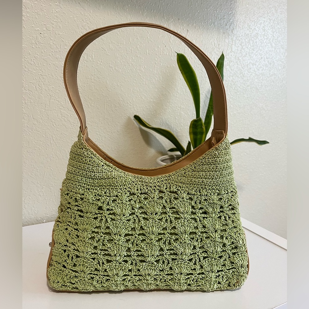 Green Woven and Tan Leather Purse